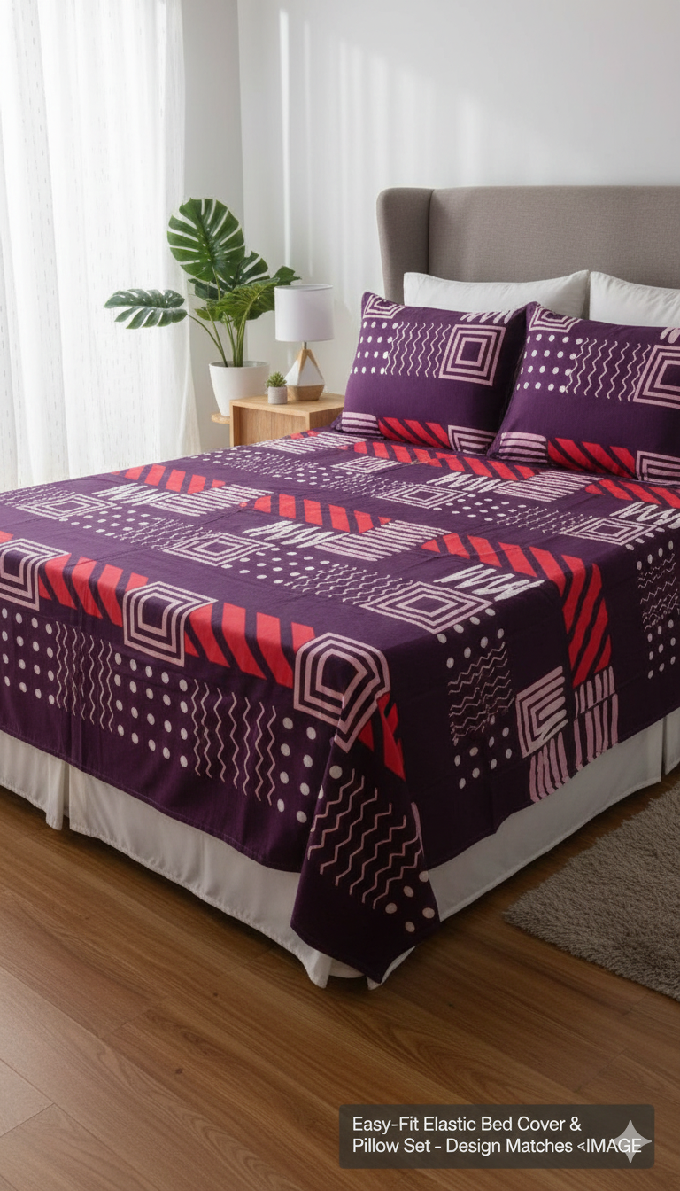 Elastic Queen Bed Cover & Pillow Cover Set – Soft, Stretchable & Stylish Designer Bedding Geometric shapes, soft pink tones