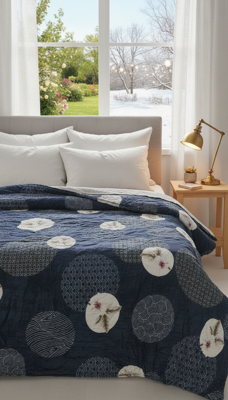 Premium Navy Blue Floral and Geometric Pattern Quilt – Ultra-Soft, All-Season Comfort Blanket for Kids & Adults (Double Bed)