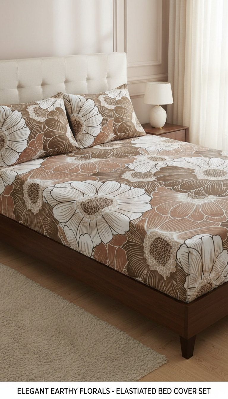 Cozy Floral Queen-Size Elastic Bed Cover Set with 2 Pillow Covers – Soft, Snug & Easy-Fit Design