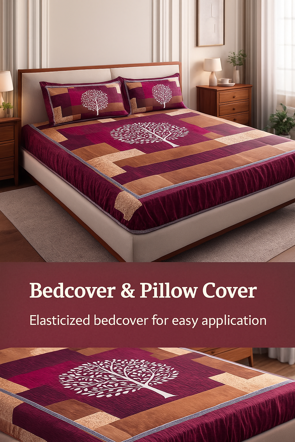 Premium Queen-Size Elastic Bed Cover & Pillow Cover Set – Easy Fit, Stylish & Comfortable rich blend of maroon, brown, and warm beige tones with a soothing tree motif