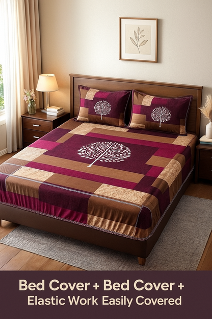 Premium Queen-Size Elastic Bed Cover & Pillow Cover Set – Easy Fit, Stylish & Comfortable rich blend of maroon, brown, and warm beige tones with a soothing tree motif
