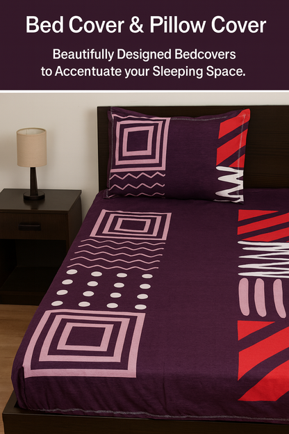 Elastic Queen Bed Cover & Pillow Cover Set – Soft, Stretchable & Stylish Designer Bedding Geometric shapes, soft pink tones