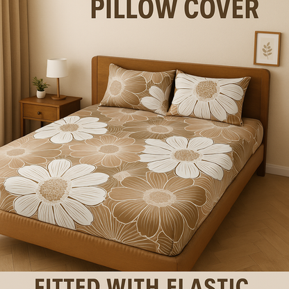 Cozy Floral Queen-Size Elastic Bed Cover Set with 2 Pillow Covers – Soft, Snug & Easy-Fit Design