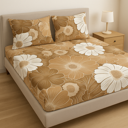 Cozy Floral Queen-Size Elastic Bed Cover Set with 2 Pillow Covers – Soft, Snug & Easy-Fit Design