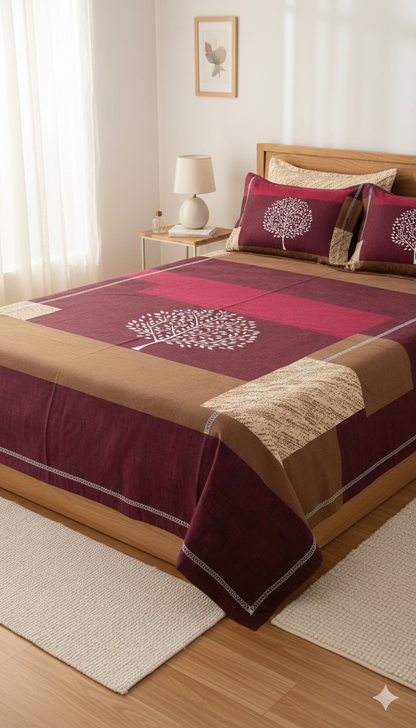 Premium Queen-Size Elastic Bed Cover & Pillow Cover Set – Easy Fit, Stylish & Comfortable rich blend of maroon, brown, and warm beige tones with a soothing tree motif