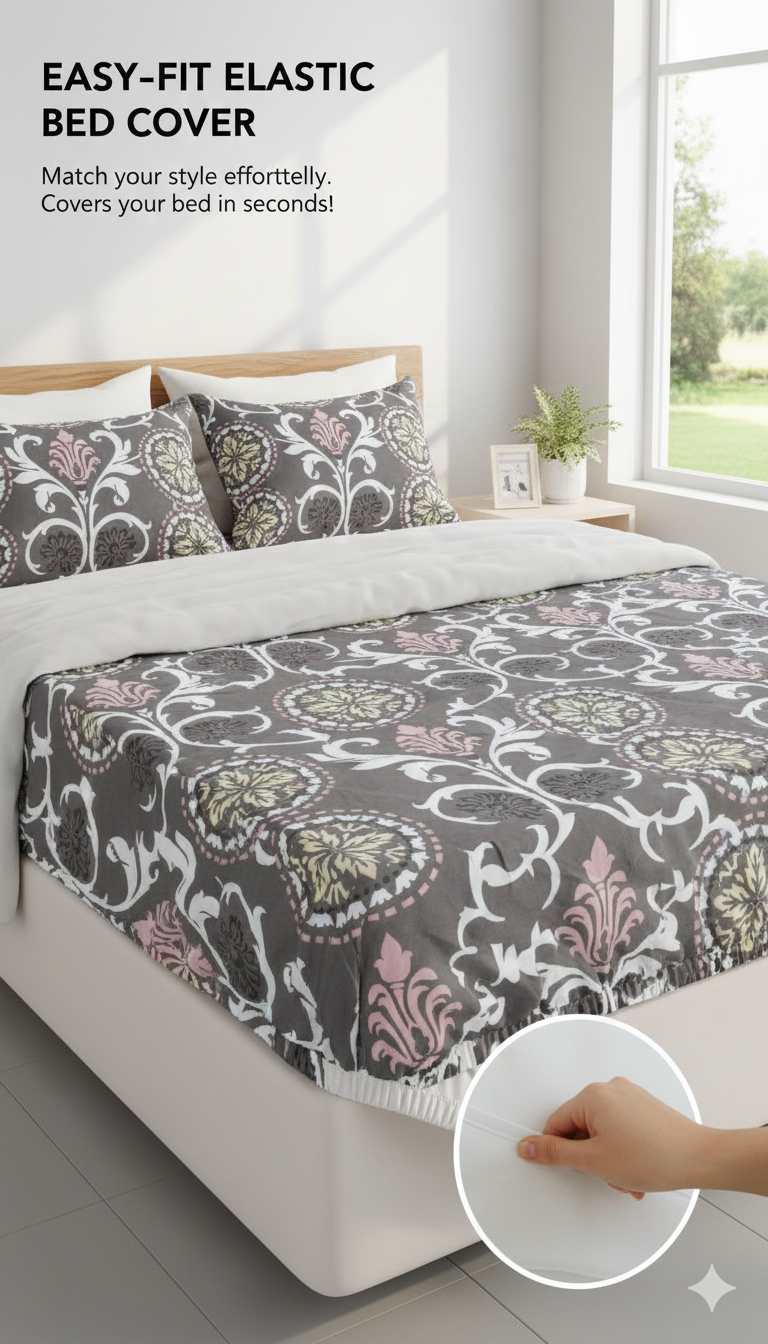 Premium Elastic-Fit Queen Size Bed Cover with Pillow Covers – Soft, Stylish & Easy-to-Fit Bedding for Kids & Adults grey, pink, white, and yellow adds a warm