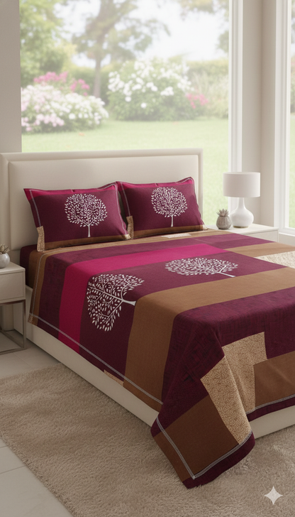 Premium Queen-Size Elastic Bed Cover & Pillow Cover Set – Easy Fit, Stylish & Comfortable rich blend of maroon, brown, and warm beige tones with a soothing tree motif