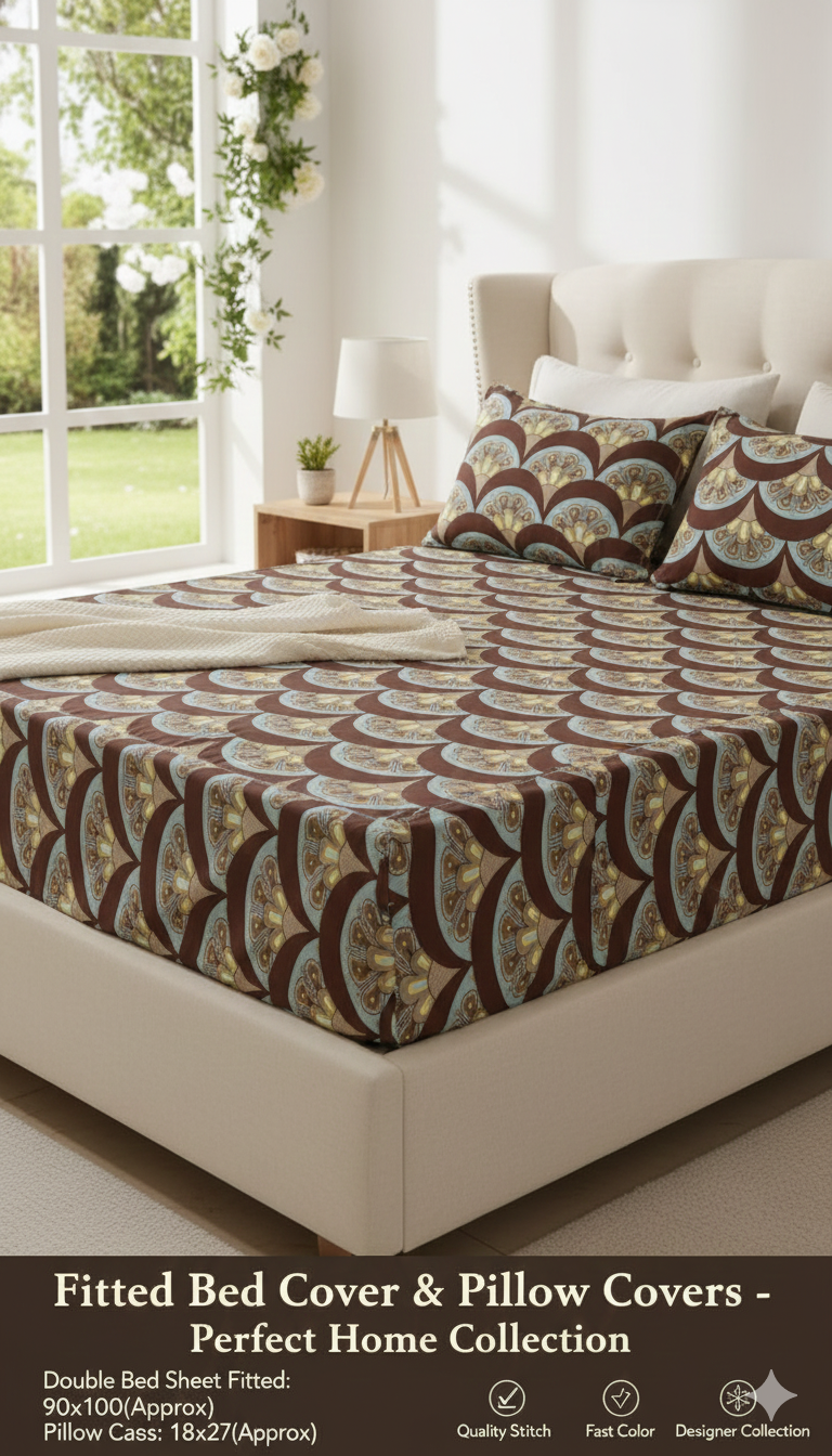 Premium Elastic Fitted Queen Bed Cover Set – Soft Designer Bedspread with Matching Pillow Covers