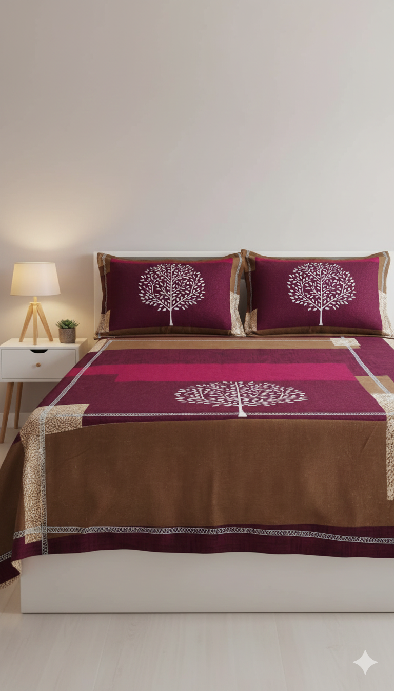 Premium Queen-Size Elastic Bed Cover & Pillow Cover Set – Easy Fit, Stylish & Comfortable rich blend of maroon, brown, and warm beige tones with a soothing tree motif