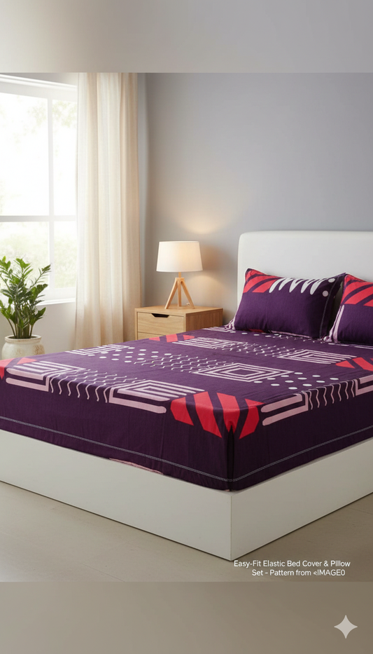 Elastic Queen Bed Cover & Pillow Cover Set – Soft, Stretchable & Stylish Designer Bedding Geometric shapes, soft pink tones