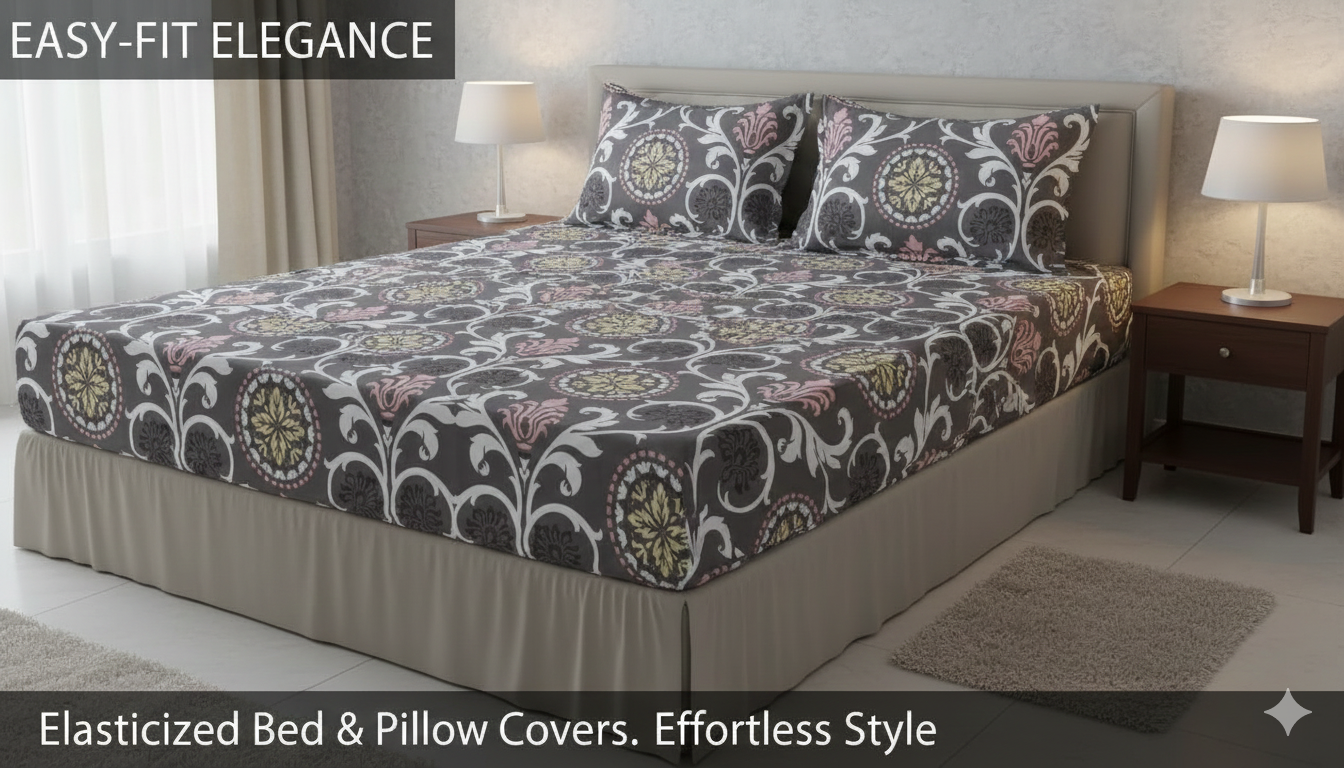 Premium Elastic-Fit Queen Size Bed Cover with Pillow Covers – Soft, Stylish & Easy-to-Fit Bedding for Kids & Adults grey, pink, white, and yellow adds a warm