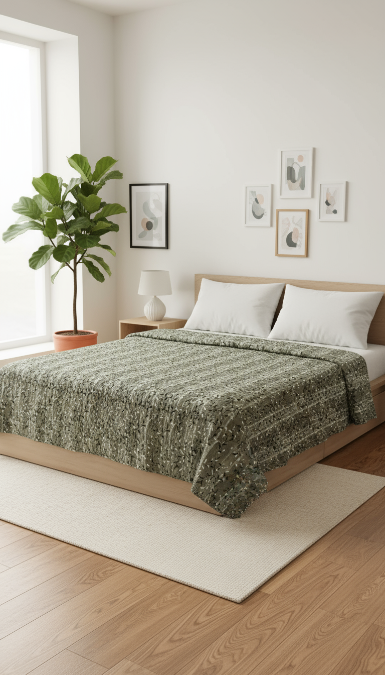 Premium Forest Green Leaf Print Quilt – Ultra-Soft, Lightweight & All-Season Comfort Blanket (Double Bed)