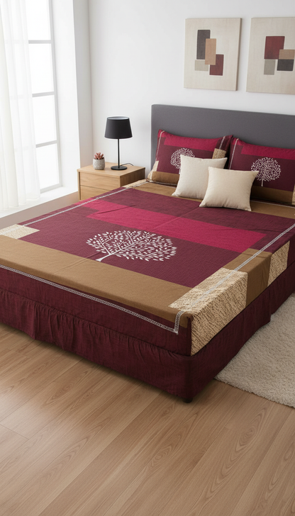 Premium Queen-Size Elastic Bed Cover & Pillow Cover Set – Easy Fit, Stylish & Comfortable rich blend of maroon, brown, and warm beige tones with a soothing tree motif