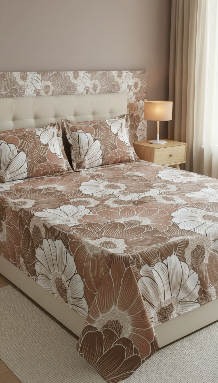 Cozy Floral Queen-Size Elastic Bed Cover Set with 2 Pillow Covers – Soft, Snug & Easy-Fit Design