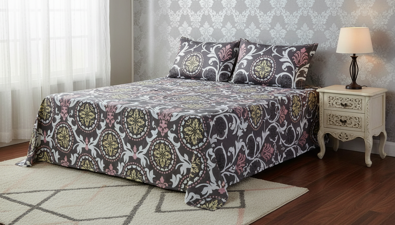 Premium Elastic-Fit Queen Size Bed Cover with Pillow Covers – Soft, Stylish & Easy-to-Fit Bedding for Kids & Adults grey, pink, white, and yellow adds a warm