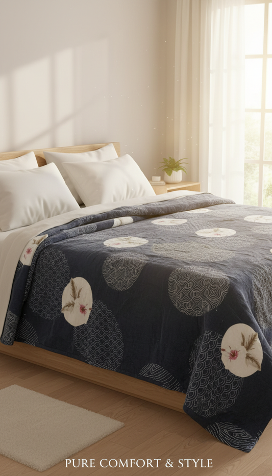 Premium Navy Blue Floral and Geometric Pattern Quilt – Ultra-Soft, All-Season Comfort Blanket for Kids & Adults (Double Bed)