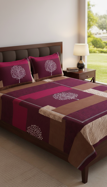 Premium Queen-Size Elastic Bed Cover & Pillow Cover Set – Easy Fit, Stylish & Comfortable rich blend of maroon, brown, and warm beige tones with a soothing tree motif