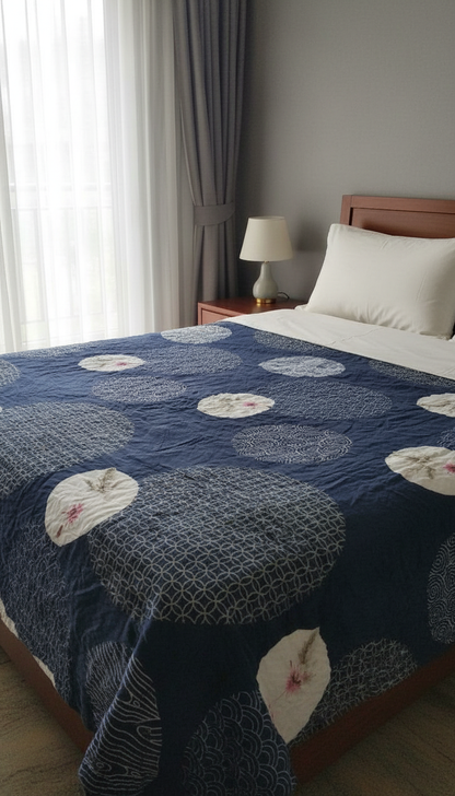 Premium Navy Blue Floral and Geometric Pattern Quilt – Ultra-Soft, All-Season Comfort Blanket for Kids & Adults (Double Bed)