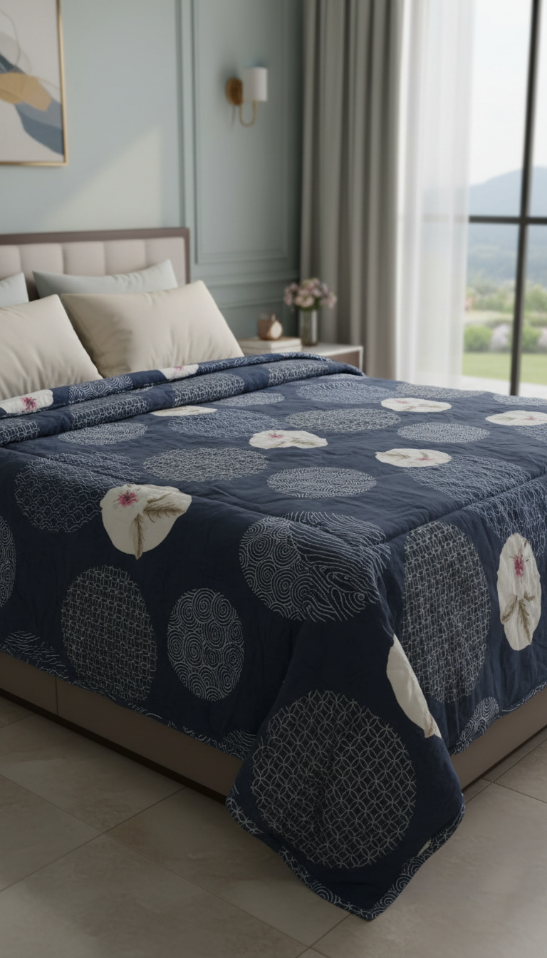 Premium Navy Blue Floral and Geometric Pattern Quilt – Ultra-Soft, All-Season Comfort Blanket for Kids & Adults (Double Bed)
