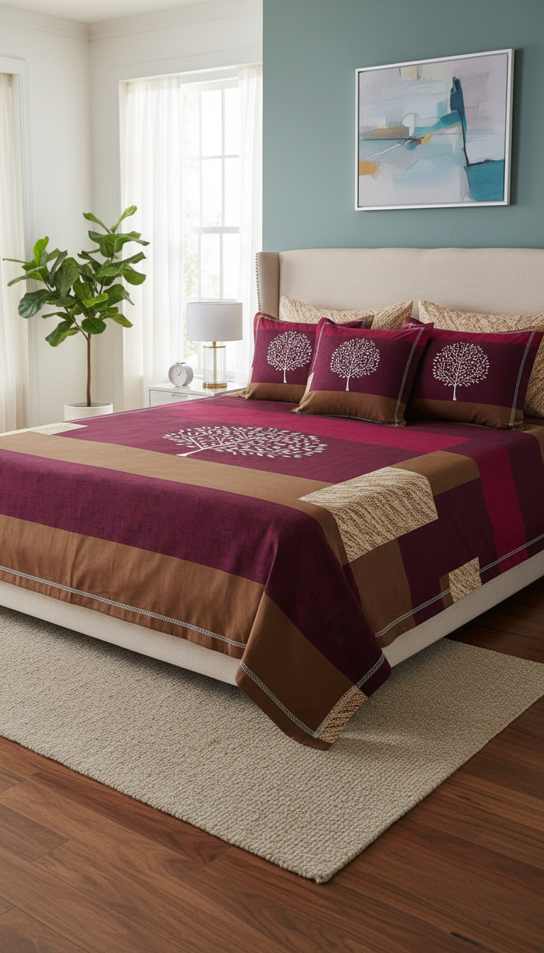 Premium Queen-Size Elastic Bed Cover & Pillow Cover Set – Easy Fit, Stylish & Comfortable rich blend of maroon, brown, and warm beige tones with a soothing tree motif
