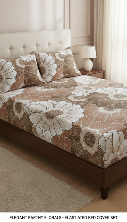 Cozy Floral Queen-Size Elastic Bed Cover Set with 2 Pillow Covers – Soft, Snug & Easy-Fit Design